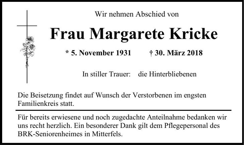 Traueranzeige Margarete Kricke