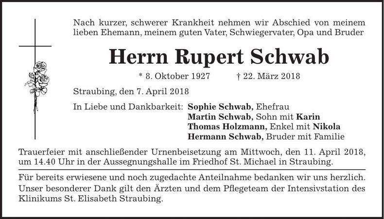 Traueranzeige Rupert Schwab