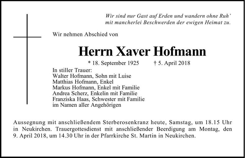 Traueranzeige Xaver Hofmann