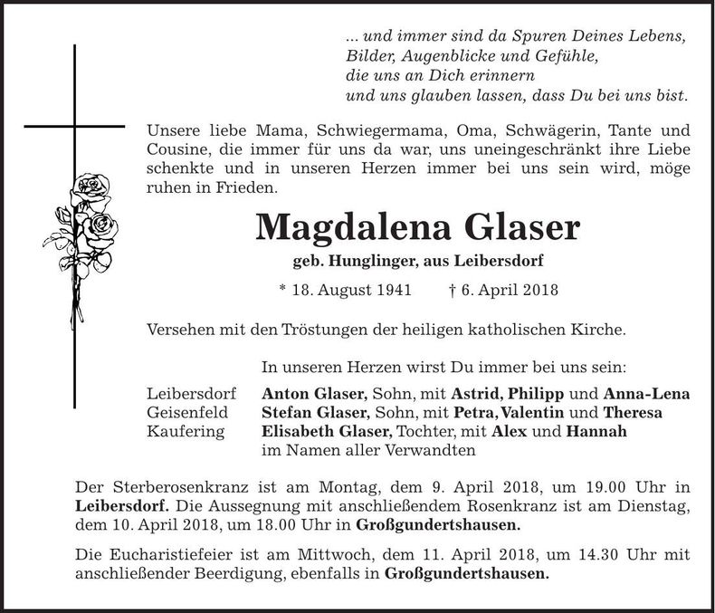 Traueranzeige Magdalena Glaser