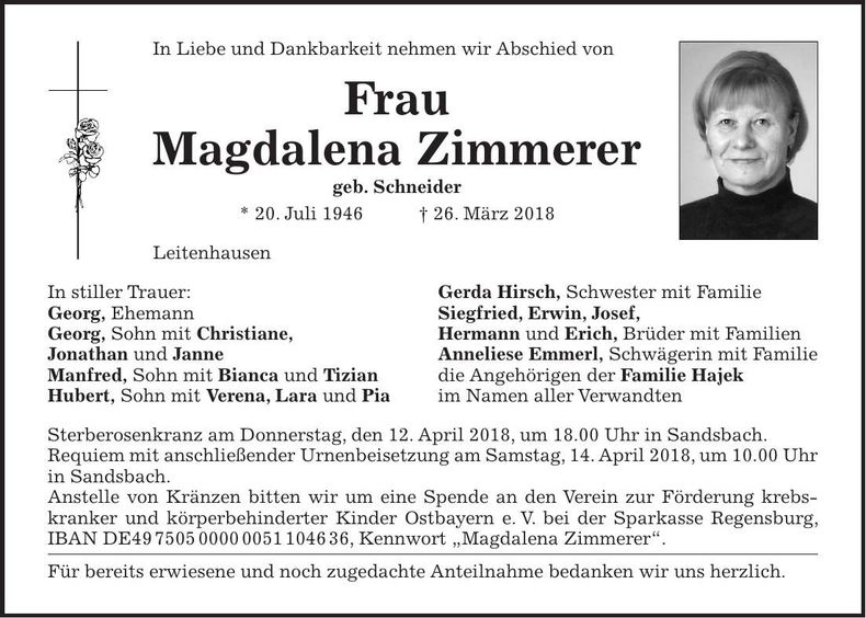 Traueranzeige Magdalena Zimmerer