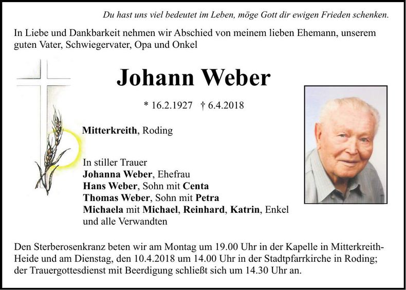 Traueranzeige Johann Weber