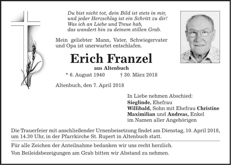 Traueranzeige Erich Franzel