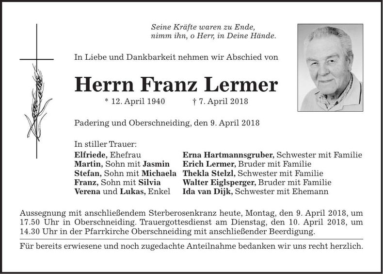 Traueranzeige Franz Lermer