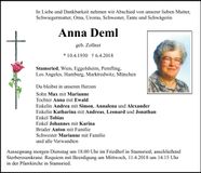 Traueranzeige Anna Deml