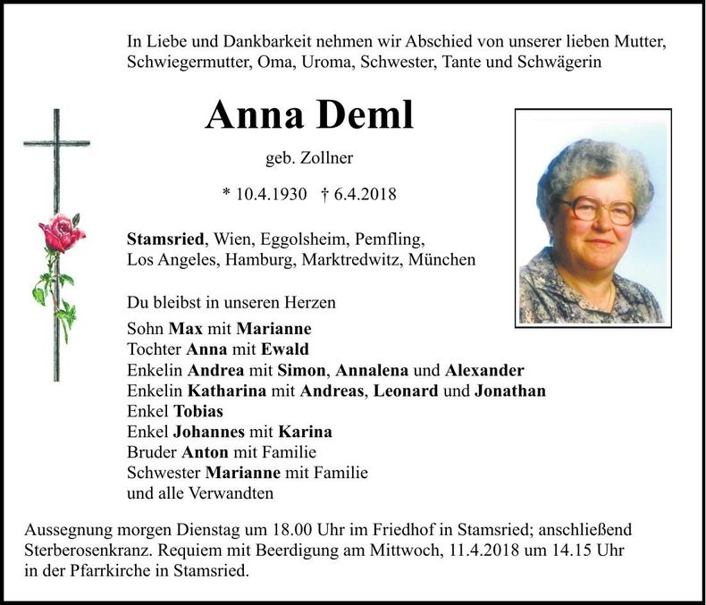 Traueranzeige Anna Deml