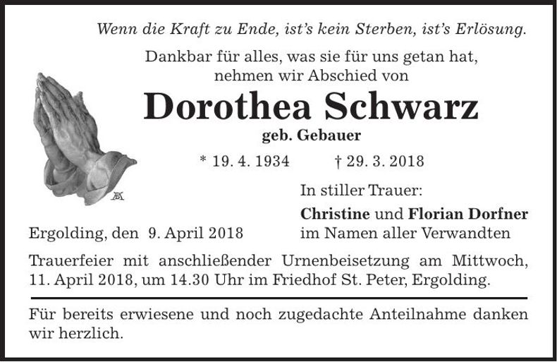Traueranzeige Dorothea Schwarz