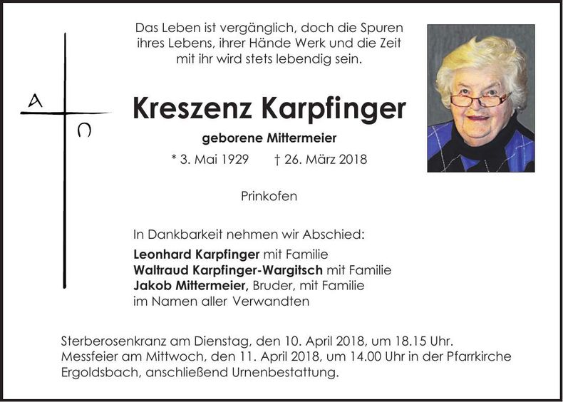 Traueranzeige Kreszenz Karpfinger
