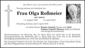 Traueranzeige Olga Roßmeier