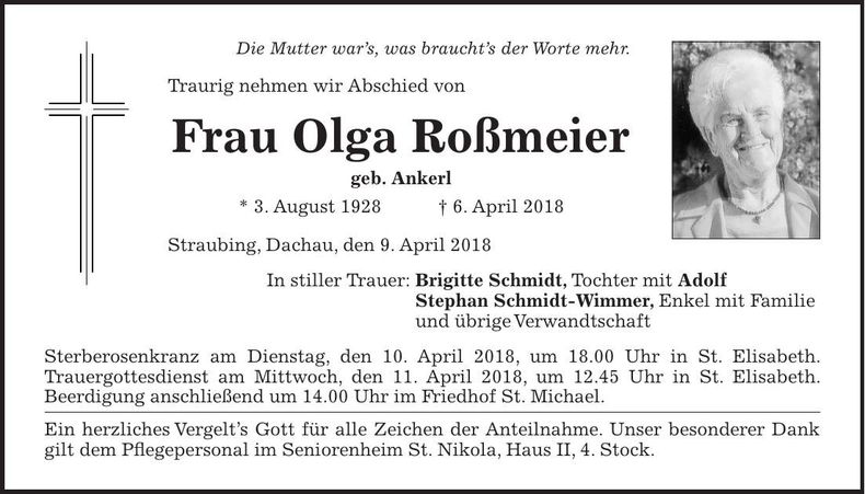 Traueranzeige Olga Roßmeier