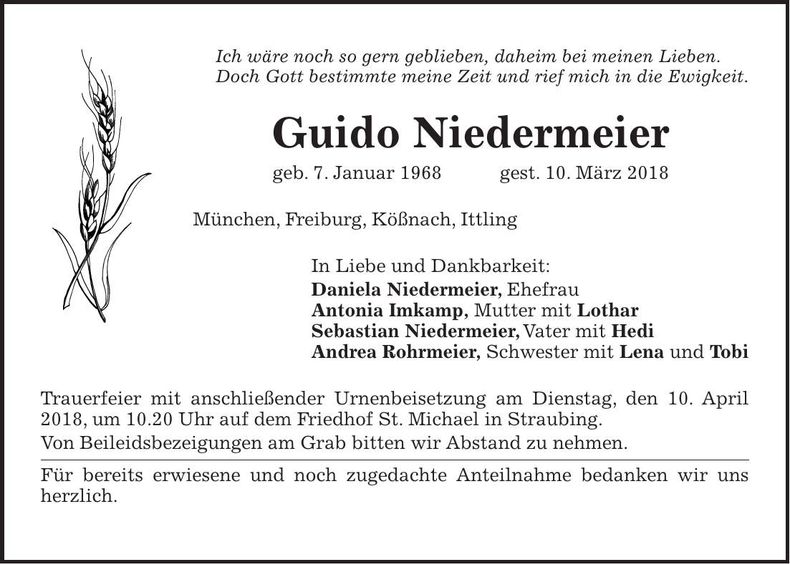 Traueranzeige Guido Niedermeier