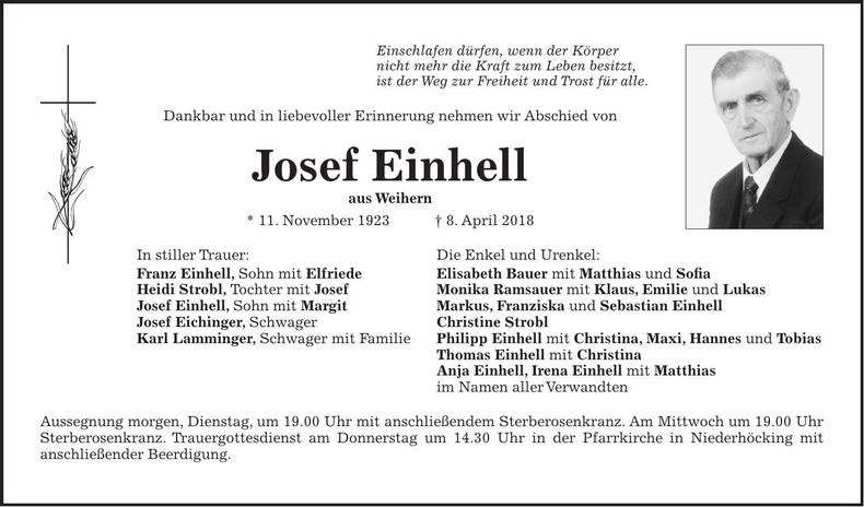 Traueranzeige Josef Einhell