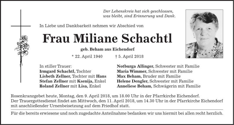 Traueranzeige Miliane Schachtl