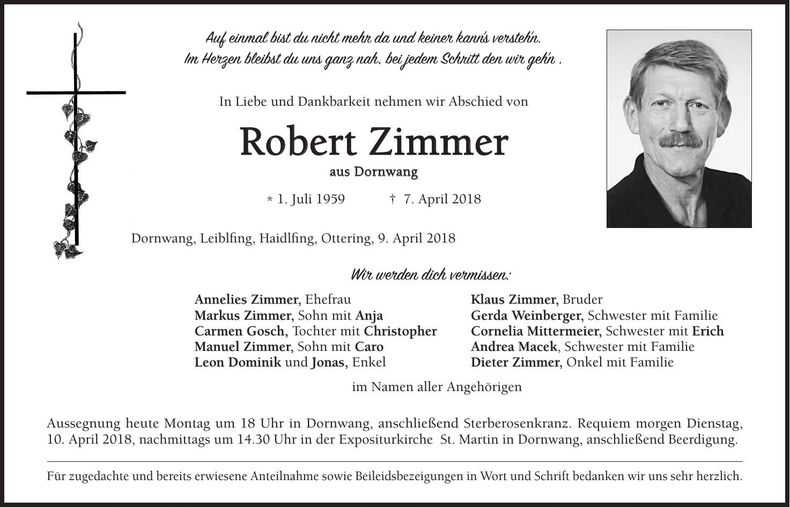 Traueranzeige Robert Zimmer