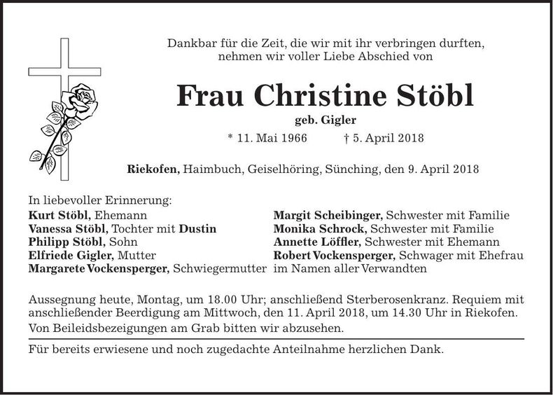 Traueranzeige Christine Stöbl