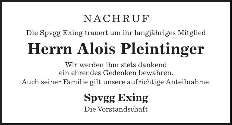 Traueranzeige Alois Pleintinger