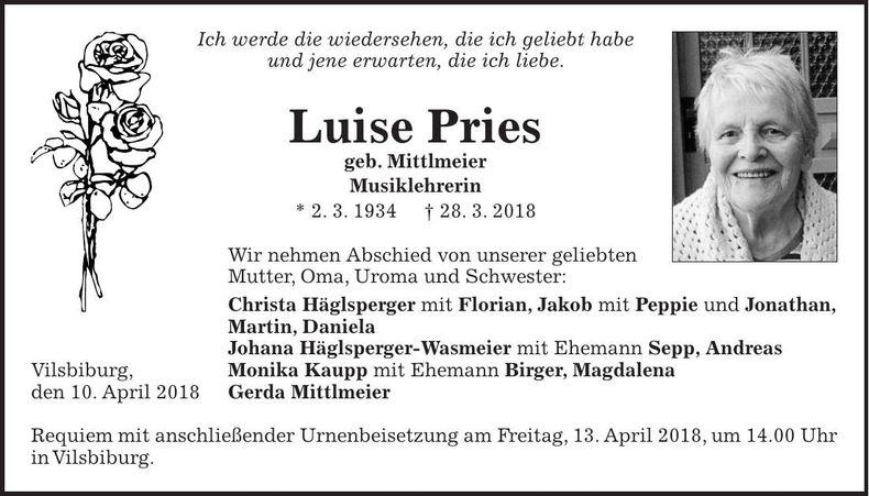 Traueranzeige Luise Pries