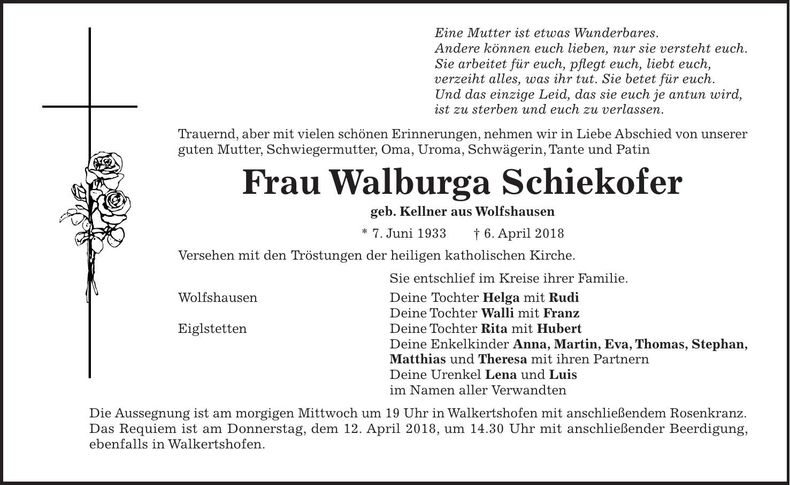 Traueranzeige Walburga Schiekofer