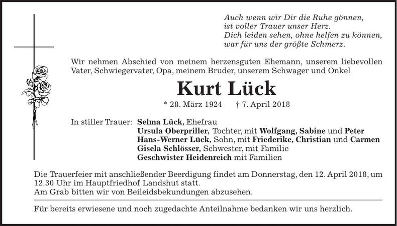 Traueranzeige Kurt Lück
