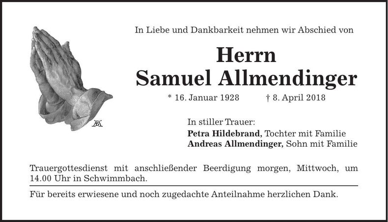 Traueranzeige Samuel Allmendinger