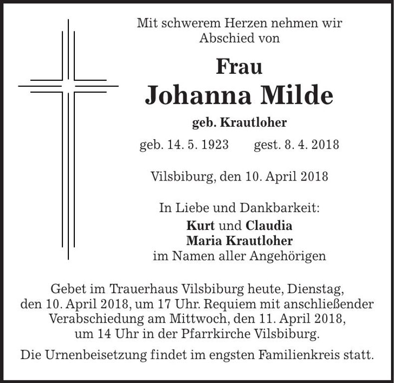 Traueranzeige Johanna Milde