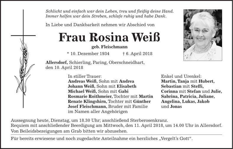 Traueranzeige Rosina Weiß