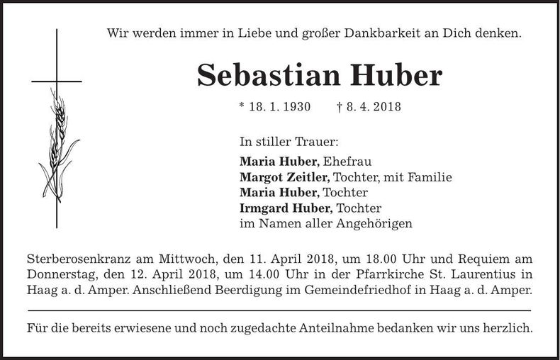 Traueranzeige Sebastian Huber