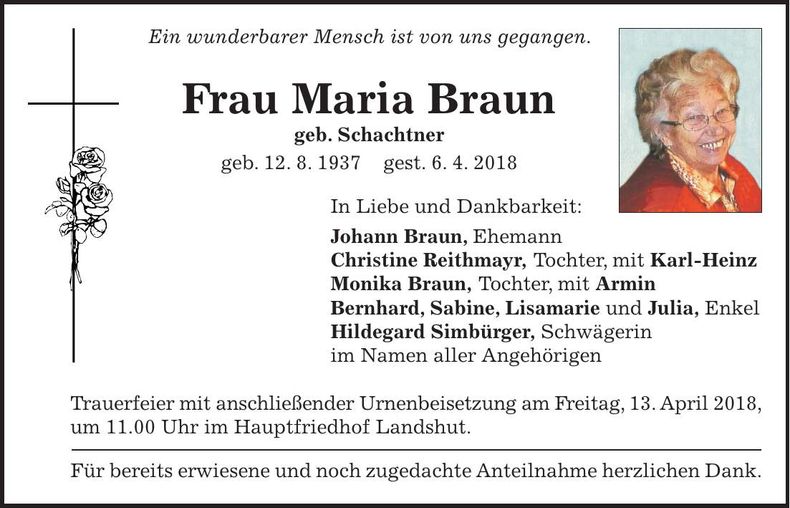 Traueranzeige Maria Braun