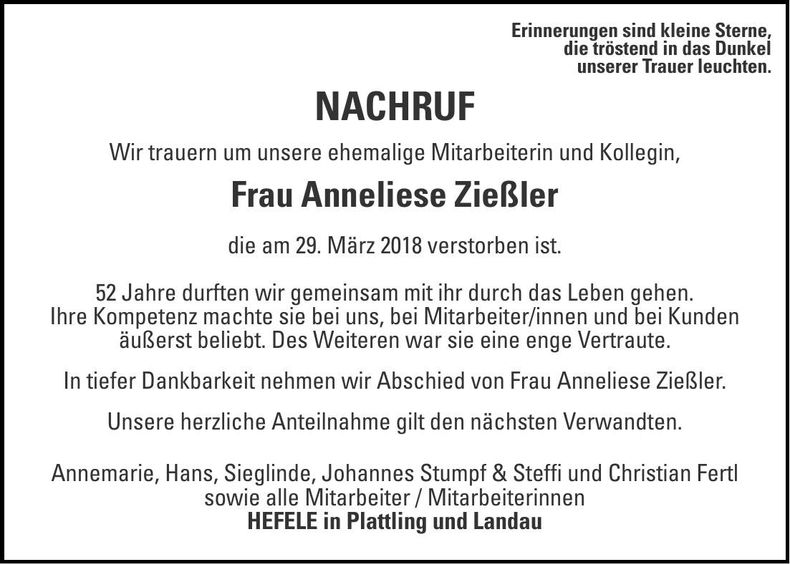 Traueranzeige Anneliese Zießler