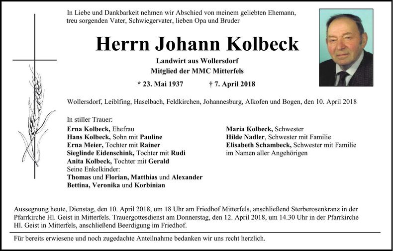 Traueranzeige Johann Kolbeck