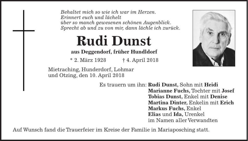Traueranzeige Rudi Dunst