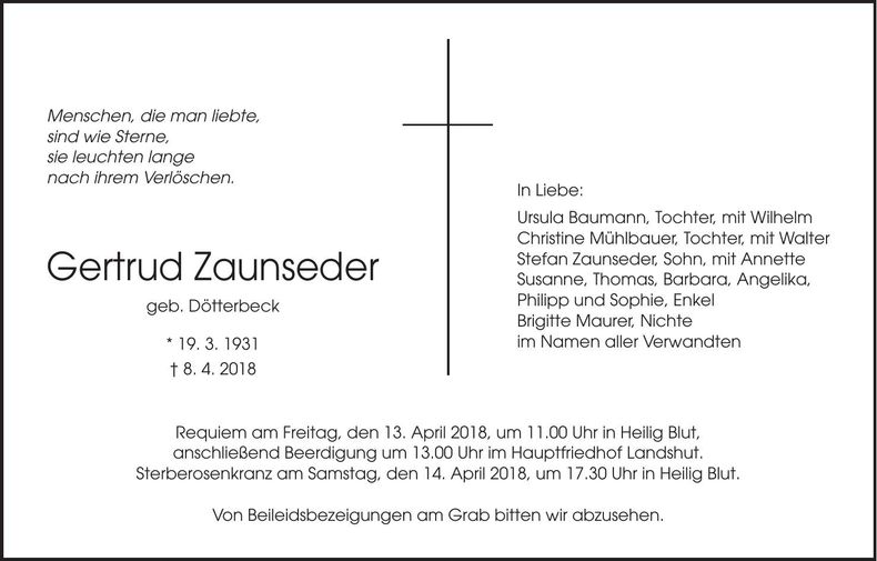 Traueranzeige Gertrud Zaunseder