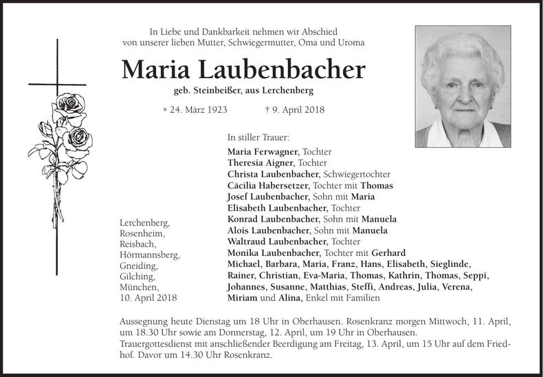 Traueranzeige Maria Laubenbacher