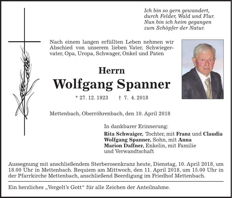 Traueranzeige Wolfgang Spanner