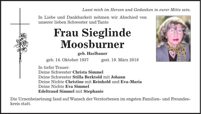 Traueranzeige Sieglinde Moosburner