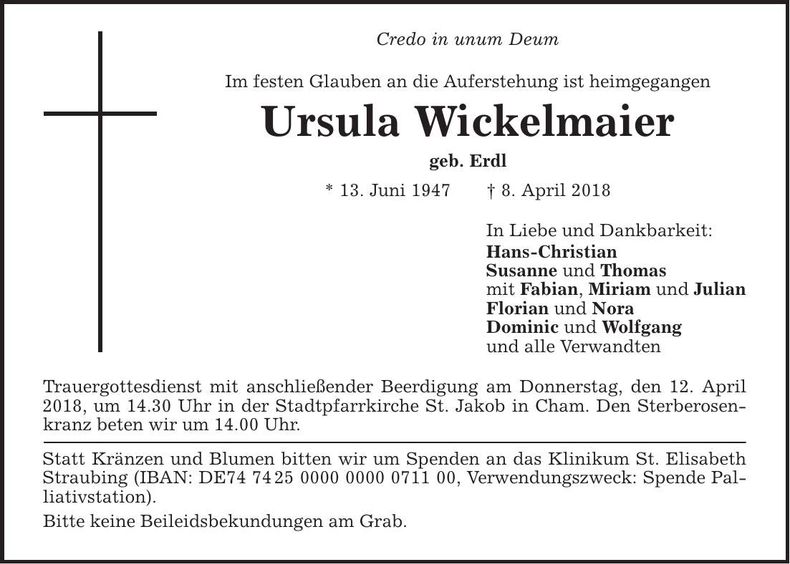 Traueranzeige Ursula Wickelmaier