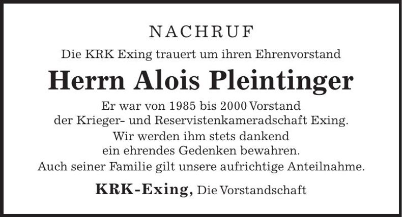 Traueranzeige Alois Pleintinger