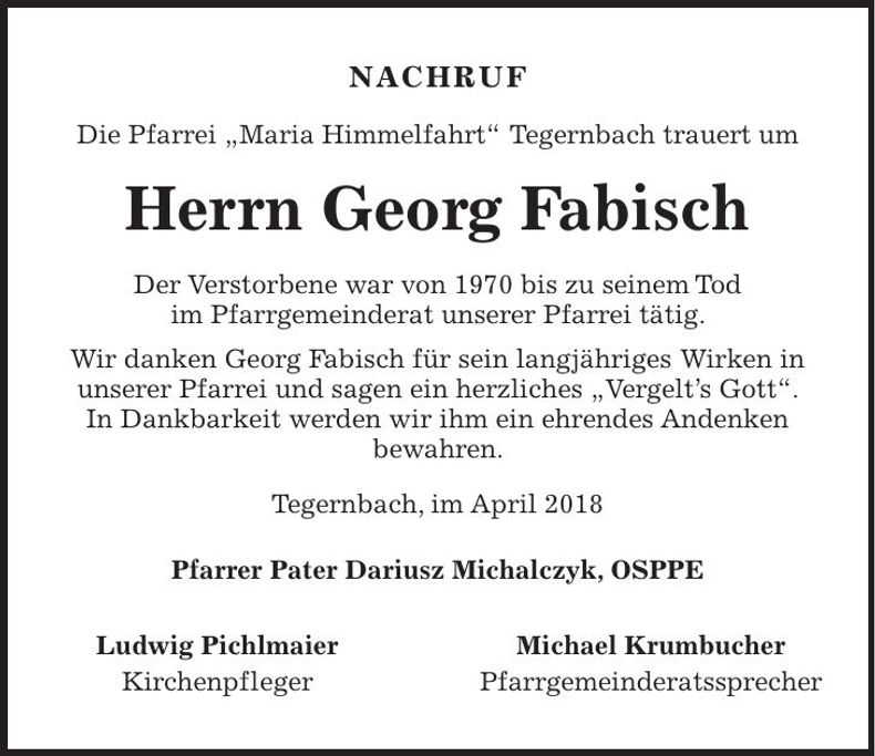 Traueranzeige Georg Fabisch