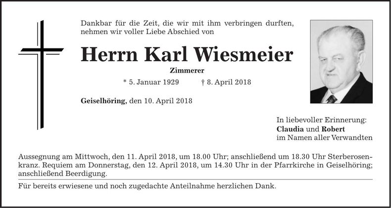 Traueranzeige Karl Wiesmeier