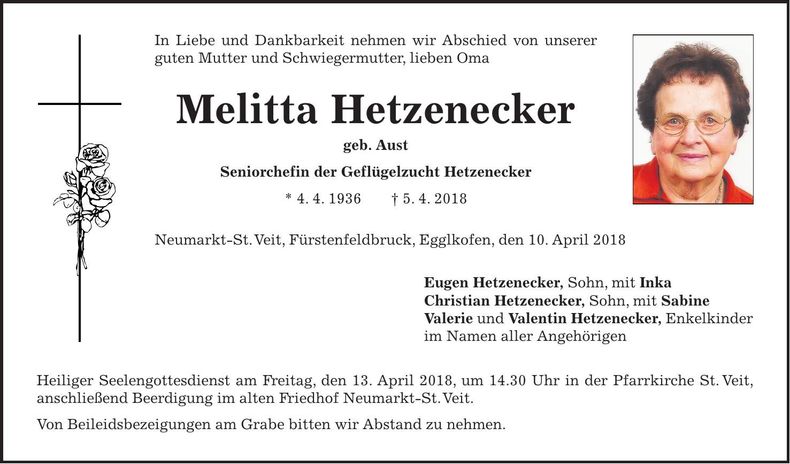 Traueranzeige Melitta Hetzenecker