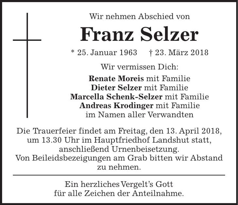 Traueranzeige Franz Selzer