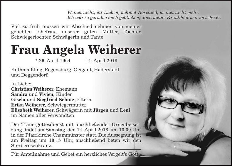 Traueranzeige Angela Weiherer