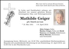 Traueranzeige Mathilde Geiger