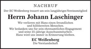 Traueranzeige Johann Laschinger
