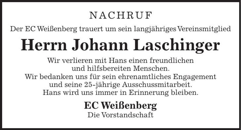 Traueranzeige Johann Laschinger