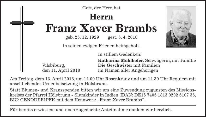 Traueranzeige Franz Xaver Brambs
