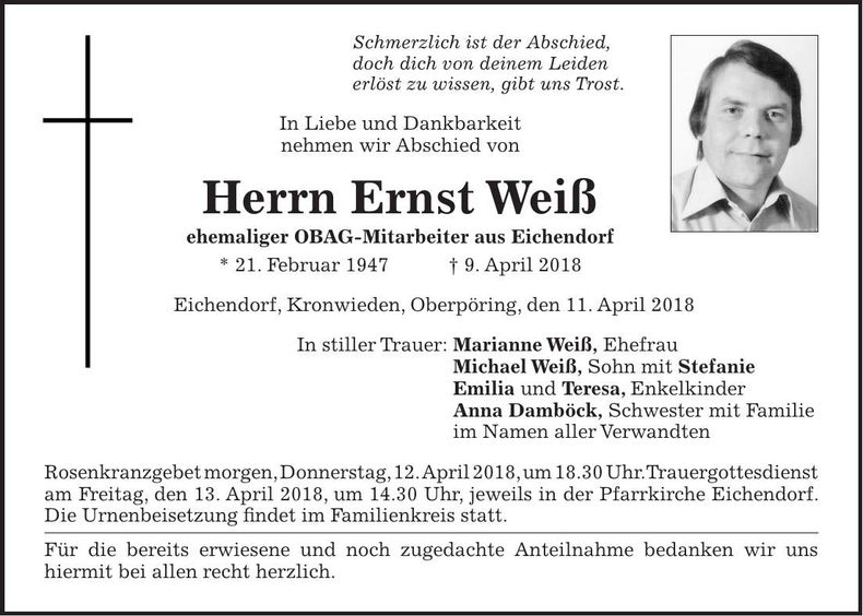 Traueranzeige Ernst Weiß