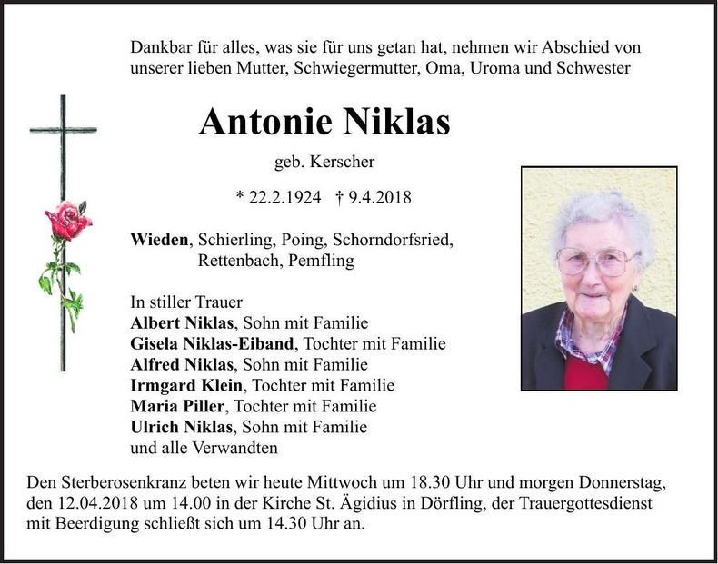 Traueranzeige Antonie Niklas