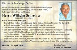 Traueranzeige Wilhelm Schreiner
