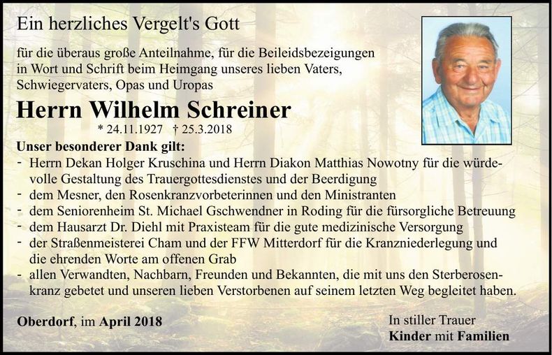 Traueranzeige Wilhelm Schreiner